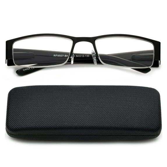 Newbee Fashion- Premium High Quality Metal Half Frame Reading Glasses Spring Hinge Half Rim Readers in Hard Case