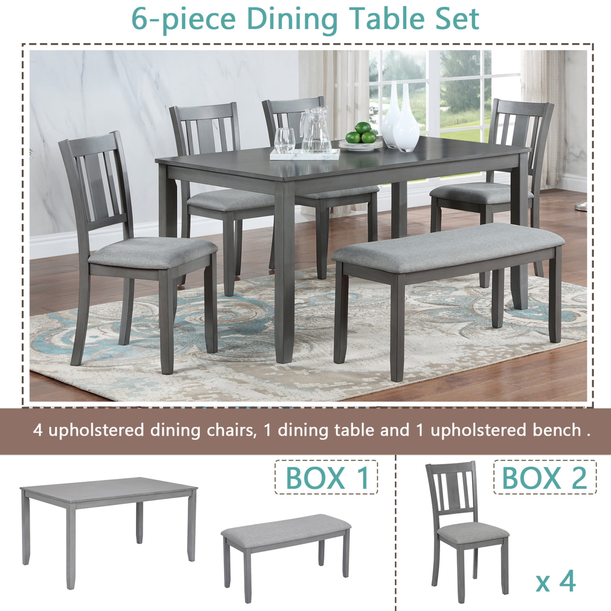 Leumius 6 Piece Kitchen Dining Set,Wood Rectangular Kitchen Table with 4 Upholstered Chairs and a Bench,Dining Table Set for 6 People,Kitchen Dining Table Set for Living Room, Home Bar and Kitchen