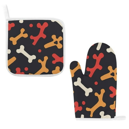 

ZZZHY Lovable Bone Layout-505 Oven Mitts and Pot Holders Sets Heat Resistant Oven Gloves Cute Kitchen Mitts for Oven 2-Piece Baking Gloves Set for Cooking Grilling Baking