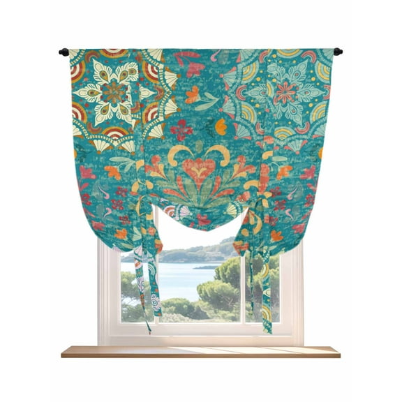 Green Boho Tie Up Curtains for Windows 63 Inch Length Balloon Curtains Kitchen Adjustable Balloon Window Shade Shabby Vintage Ethnic Abstract Floral Art Tie Up Valance Bathroom Curtain Window 46"x63"