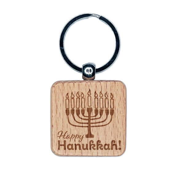 Happy Hanukkah with Menorah Square Keychain Charm Tag - Engraved Wood