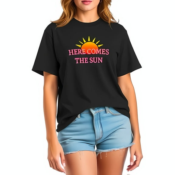 Stylish Black Oversized Cotton T-Shirt with Pink 'HERE COMES THE SUN' Graphic Design - Perfect for Casual Summer Wear