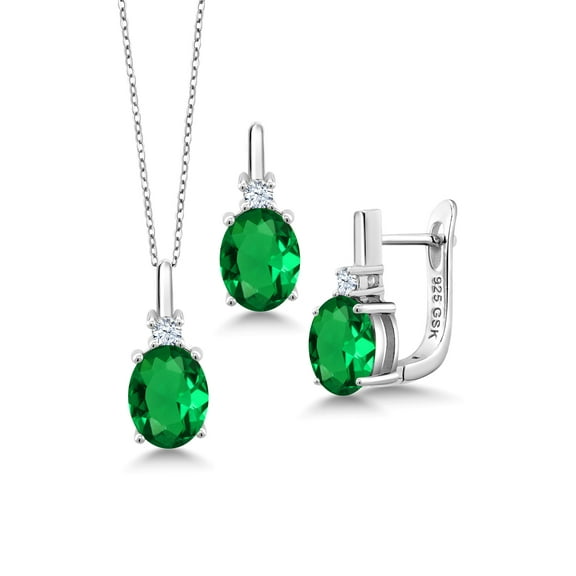 Gem Stone King 925 Sterling Silver Green Simulated Emerald and White Created Sapphire Pendant and Earrings Jewelry Set for Women (6.95 Cttw, with 18 inch Chain)