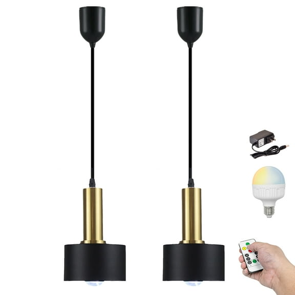 Kiven Battery Operated Modern Pendant Light with Remote, Timer, Dimmable, 2-Light Rechargeable Hanging Pendant Light , Adjustable Height for Shop, Reading,Bedroom,Black