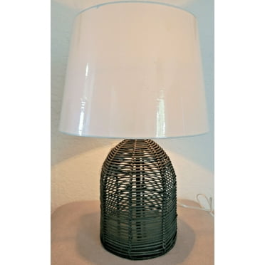 Rustic Woven Black Rattan Table Lamp with White Shade, 22" Tall, Incandescent Bulb