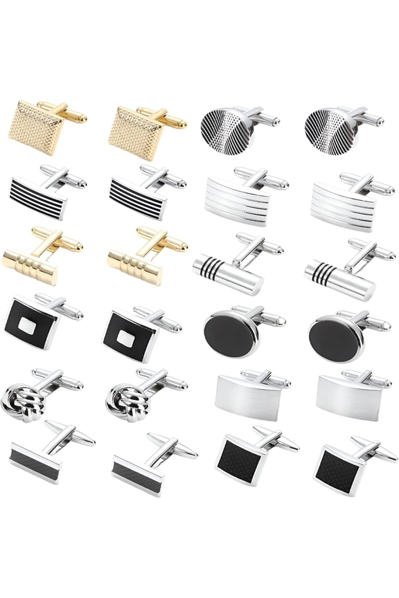 12 Pairs Cufflinks for Men Classic Tone Cuff Links Silver Black Striped Disc Square Rectangle Cuff Links Shirt Suit Men'S Cufflinks for Wedding Groom Business