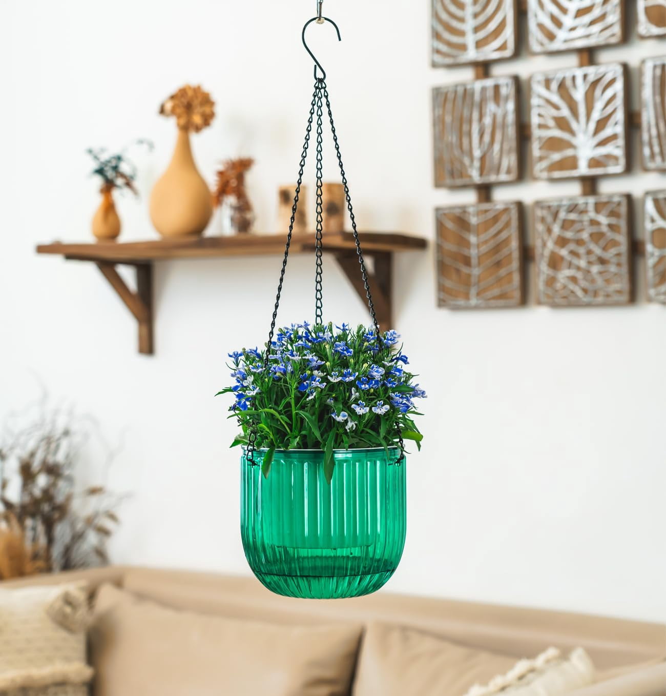 2 Pack Self Watering Hanging Planters 6.5 Inch Indoor Outdoor Flower Pots with Drainage Holes and Hooks for Garden Home Decor