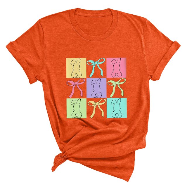 Plebaso T-Shirts de Pâques pour Femmes Manches Courtes Imprimés Graphiques Hauts Été Décontractés Amples
