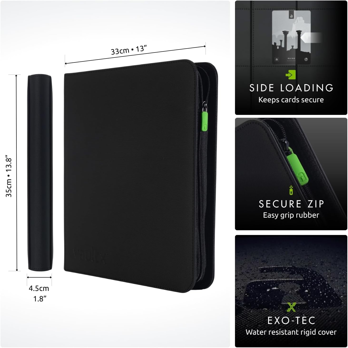 12 Pocket Trading Card Zip Binder, 480 Cards,  Exo-Tec Album Material, 20 Side-Loading Pages, Folder, Sports, TCG (Black)