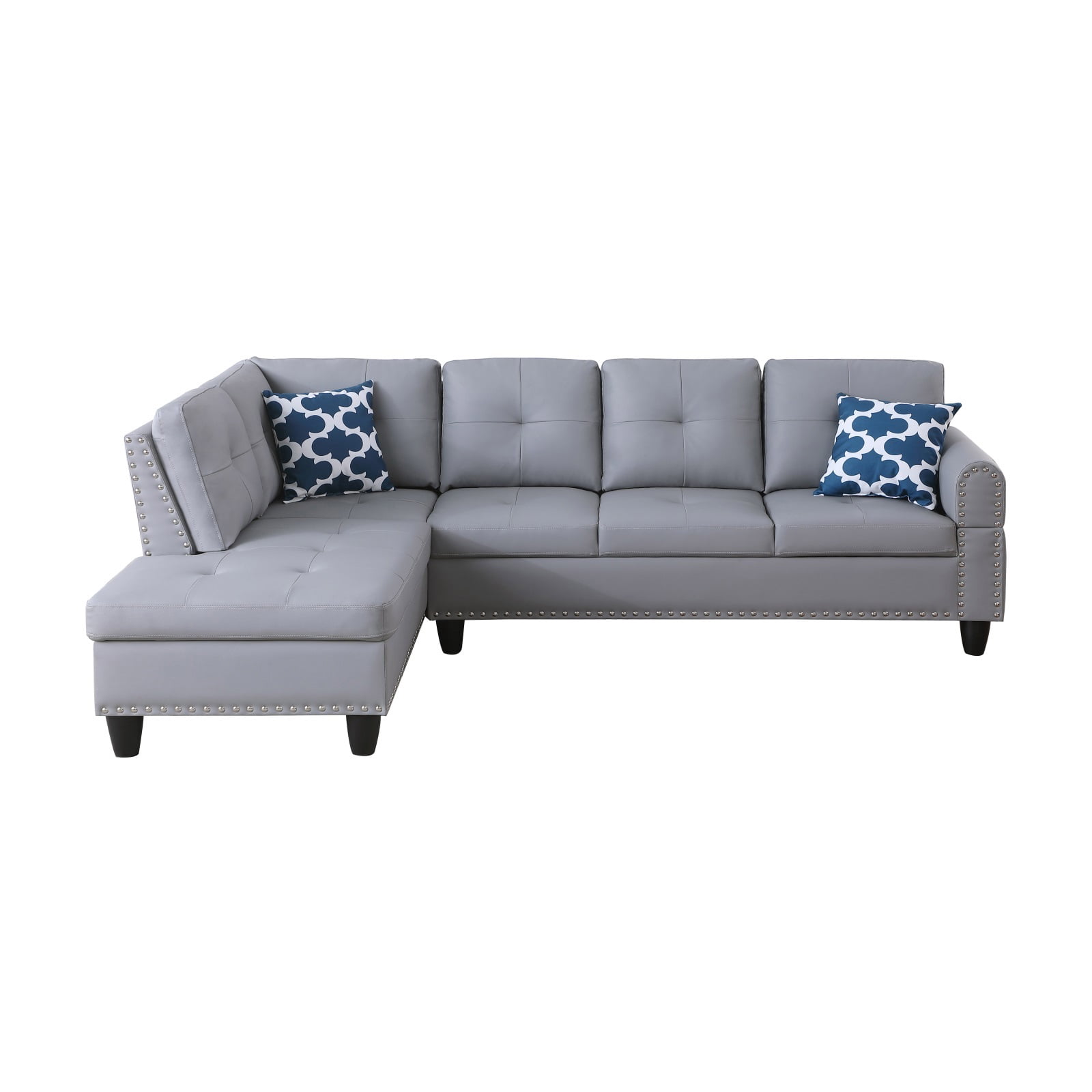 Hommoo L-Shaped Upholstered Sectional Sofa Couch with Storage & Cup Holders, Faux Leather Living Room Sofa Set, No Ottoman, Gray