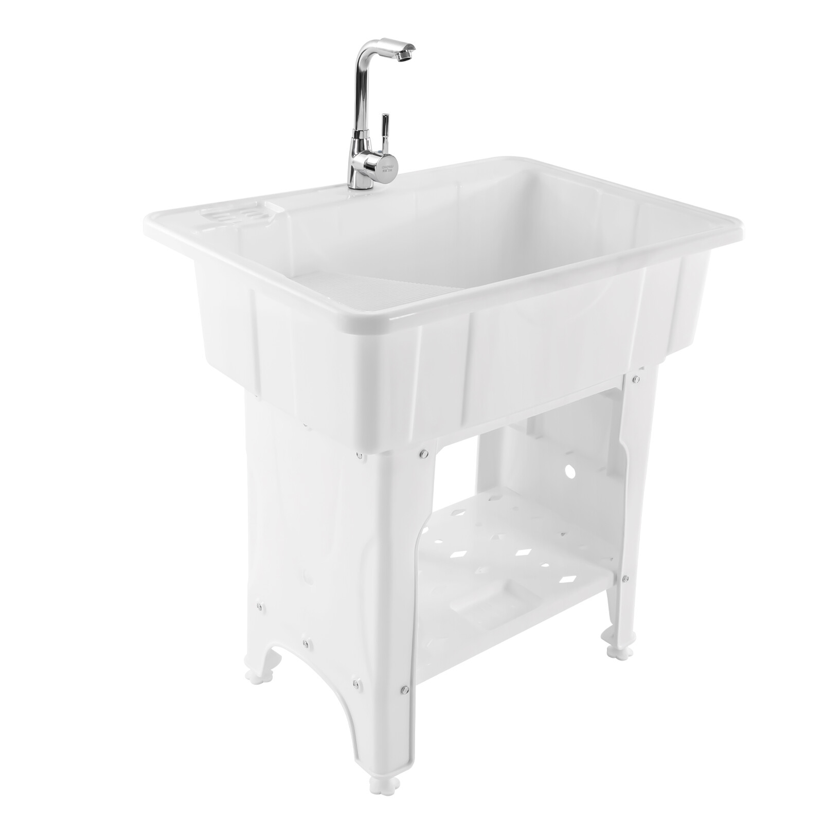 Freestanding Plastic Laundry Sink, 70kg/154lbs Load， Utility Sink with Hot & Cold Faucet & Soap Grooves for Garage