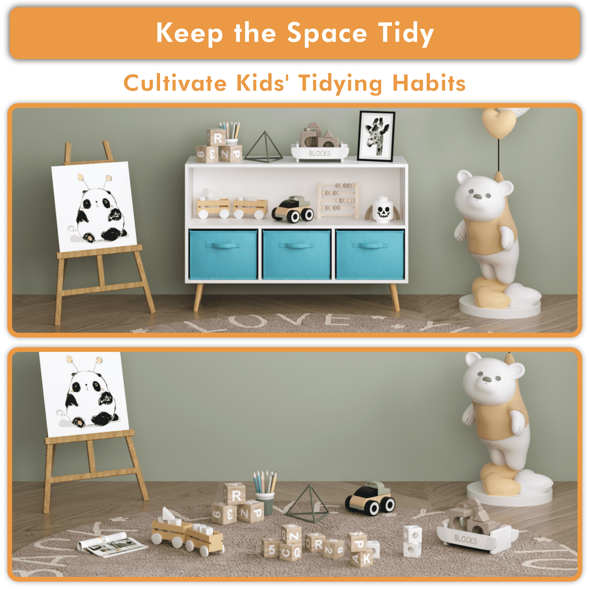 Aukfa Kids Bookcase with 3 Collapsible Drawers, Display Stand Toy Storage Organizer for Bedroom/Playroom,Blue