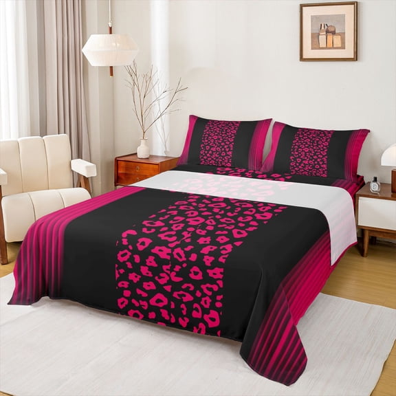 Homewish Fashion Cheetah Print Twin Sheet Sets, Leopard Wildlife Animal Twin Fitted Sheet, Pink Abstract Stripe Line Flat Sheet, Super Cozy Room Decor, 3 Pieces