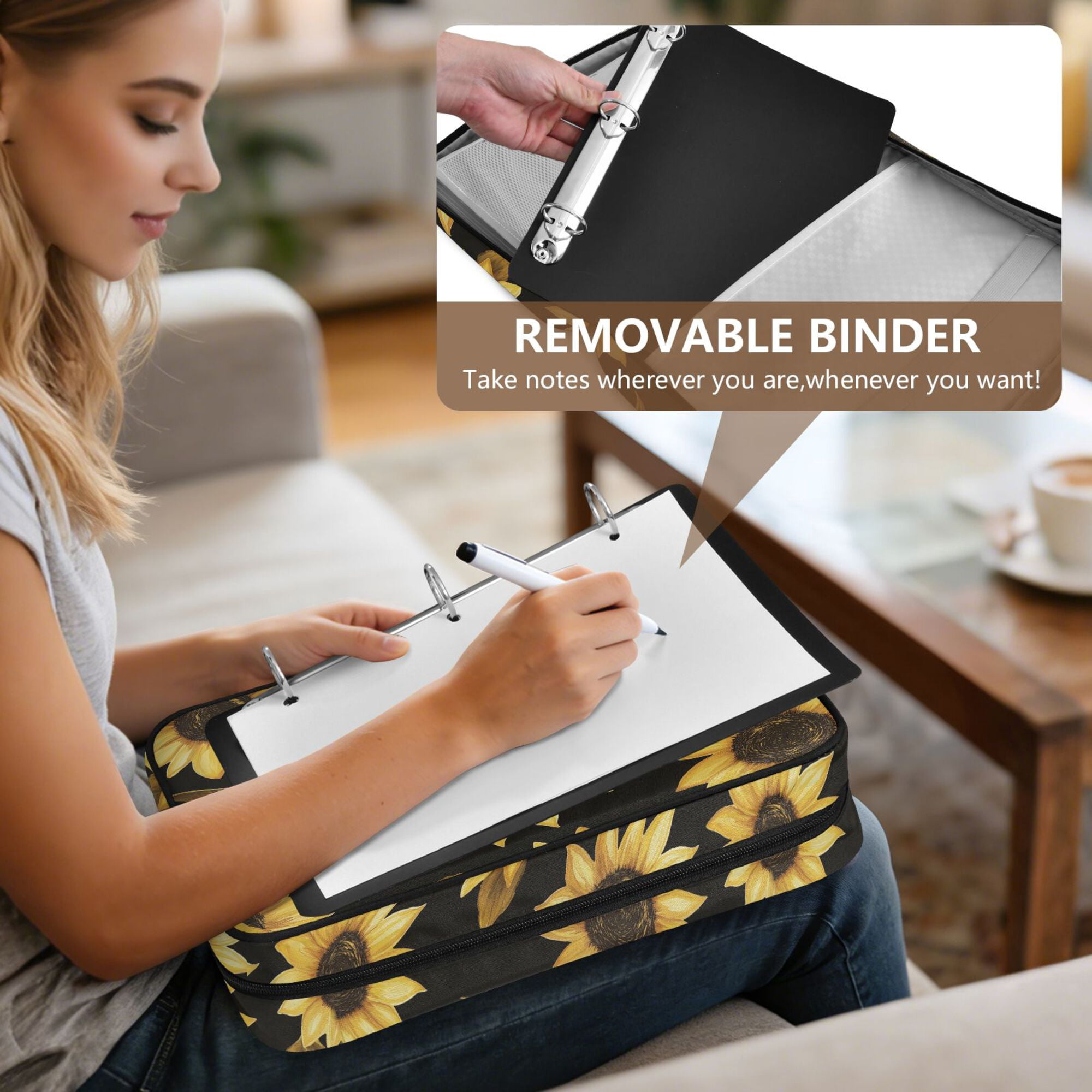 FORMRS Accordion File Folder A4 Size 7-Pocket Expanding Document Organizer Bag with 3 Ring Binder, Black Sunflower Pattern