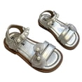 thumbnail image 2 of Spazoro Girls' Strappy Platform Sandals, Adjustable Hook and Loop Non-Slip Sole with Pearl Bow Open Toe Casual Summer Shoes for Kids Silver, 2 of 9