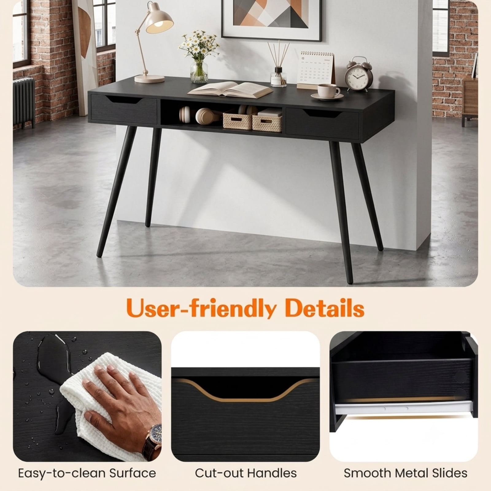 Furnibear 42.5 Inch Mid Century Modern Writing Desk with 2 Drawers Storage and Tapered Metal Legs for Home Office Study, Black