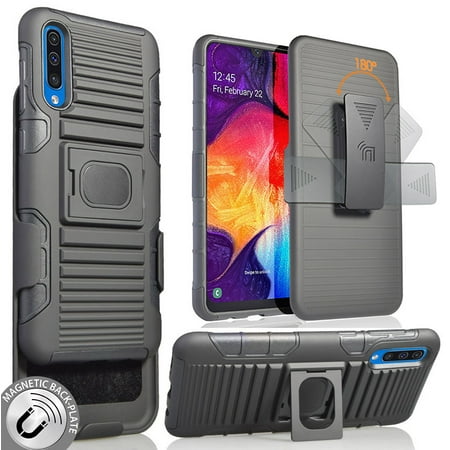 Galaxy A50 Case with Clip, Nakedcellphone Black Rugged Ring Grip Cover + Belt Hip Holster Stand [with Built-In Mounting Plate] for Samsung Galaxy A50