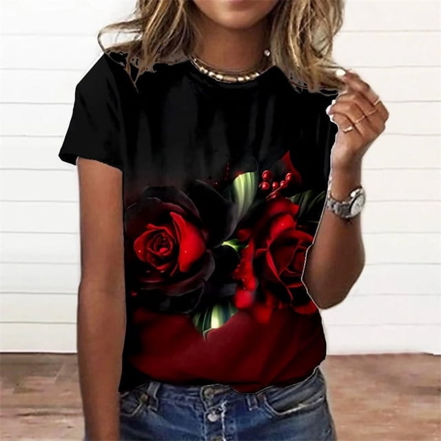 T-Shirt à Manches Courtes Imprimé 3d Fleur de Rose pour Femmes Été Mignon Chien Graphiques T-Shirt Col Rond TP-6TG