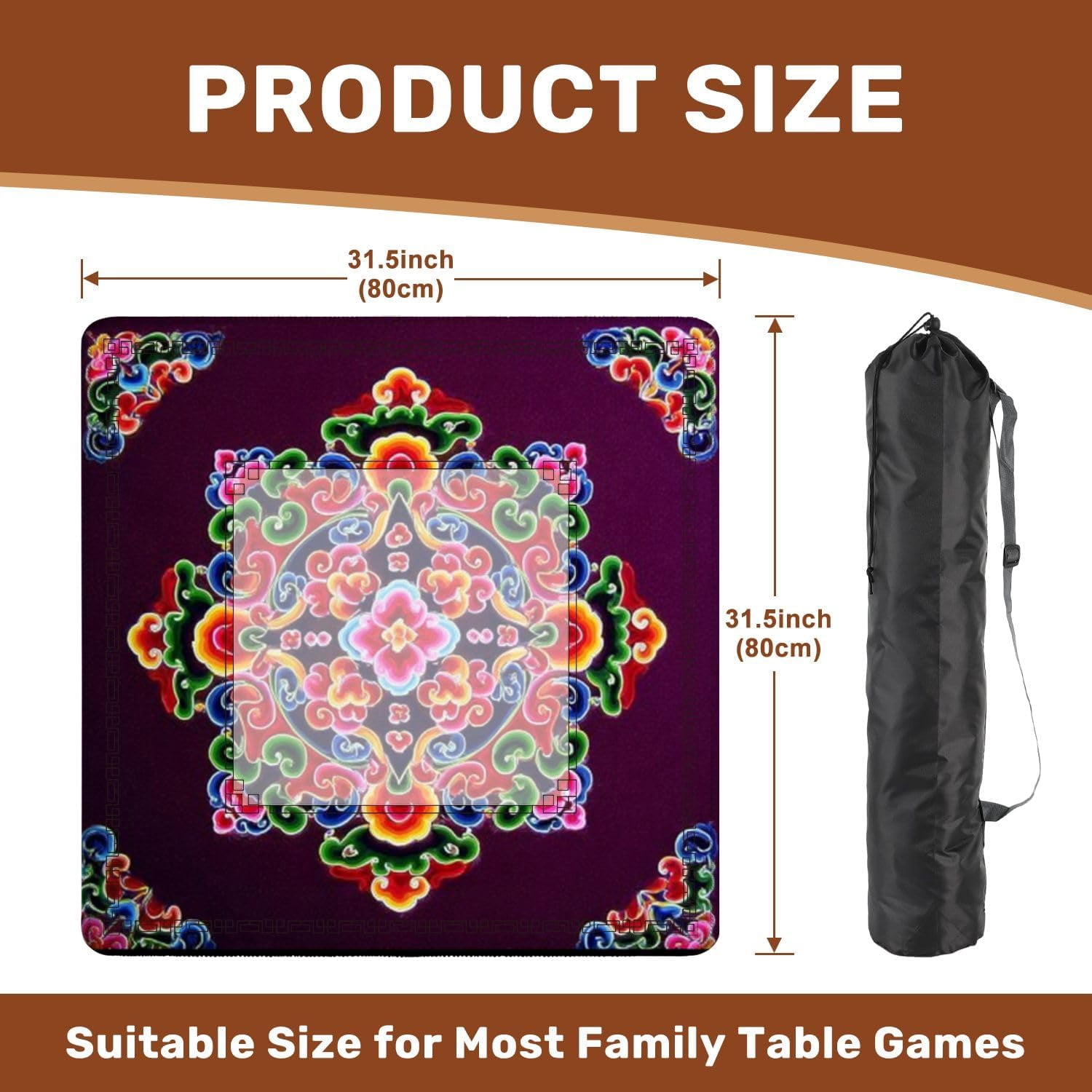 Mahjong Mat 31.5" x 31.5" Colorful Floral Mandala Design Intricate Swirls Bold Hues Non-Slip Noise Reduction Mahjong Tiles Table Cover for Dominoes Poker Card Board and Tile Games