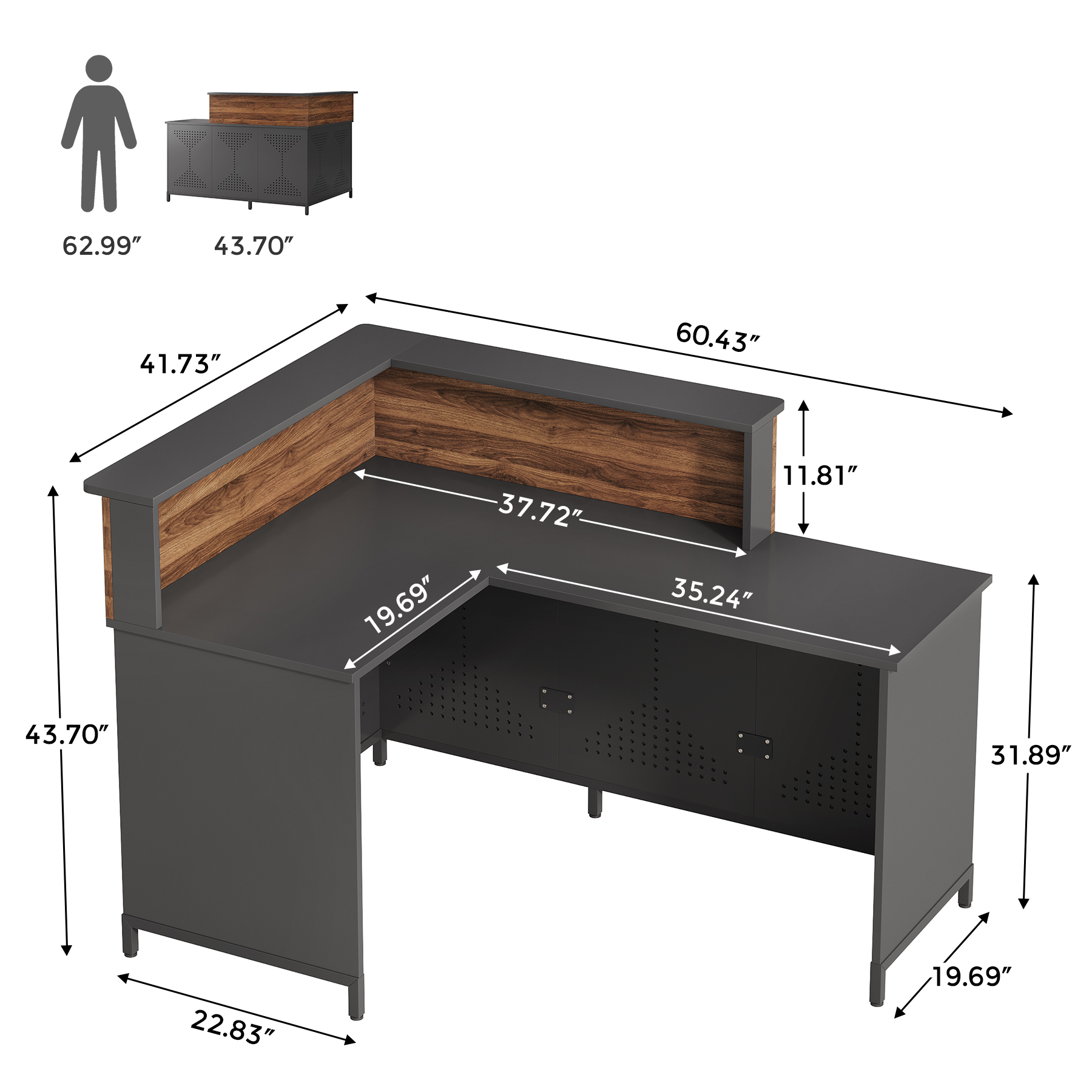 Condemo 60'' L-Shaped Reception Desk with LED Lights, Modern Front Desk, Checkout Counter Table for Office, Lobby, Cafe, Beauty Salon, Black and Walnut