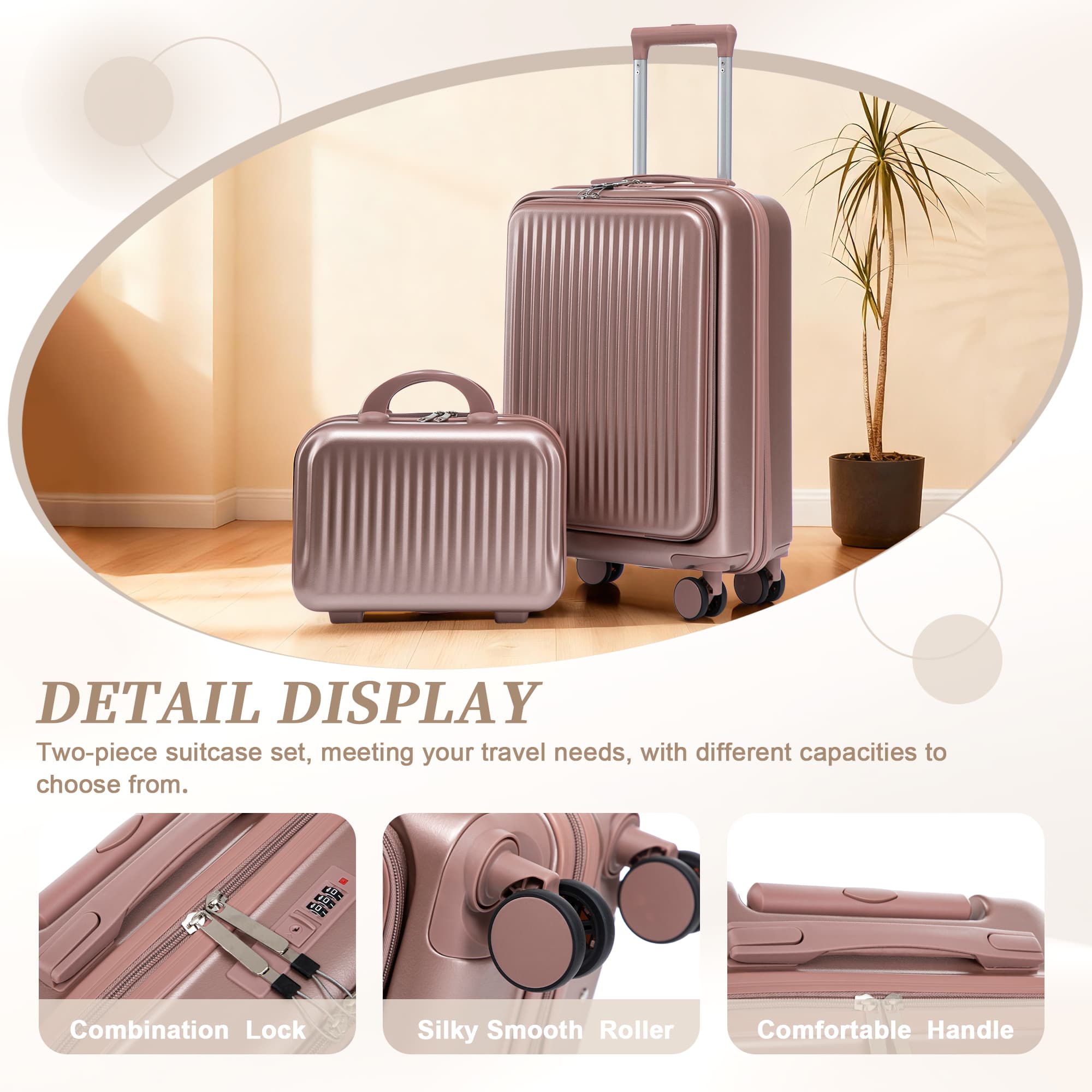Leumius 2 Piece in ABS Spinner WheelLuggage Sets, HardsideSuitcase with CombinationLock,20 inch Carry OnLuggage 14 inch CosmeticCase,Champagne