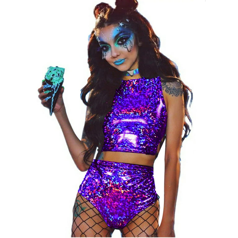 Women 2pcs Rave Outfit Holographic Hologram Metallic Bandage Crop Top Booty  Shorts Set Party Clubwear