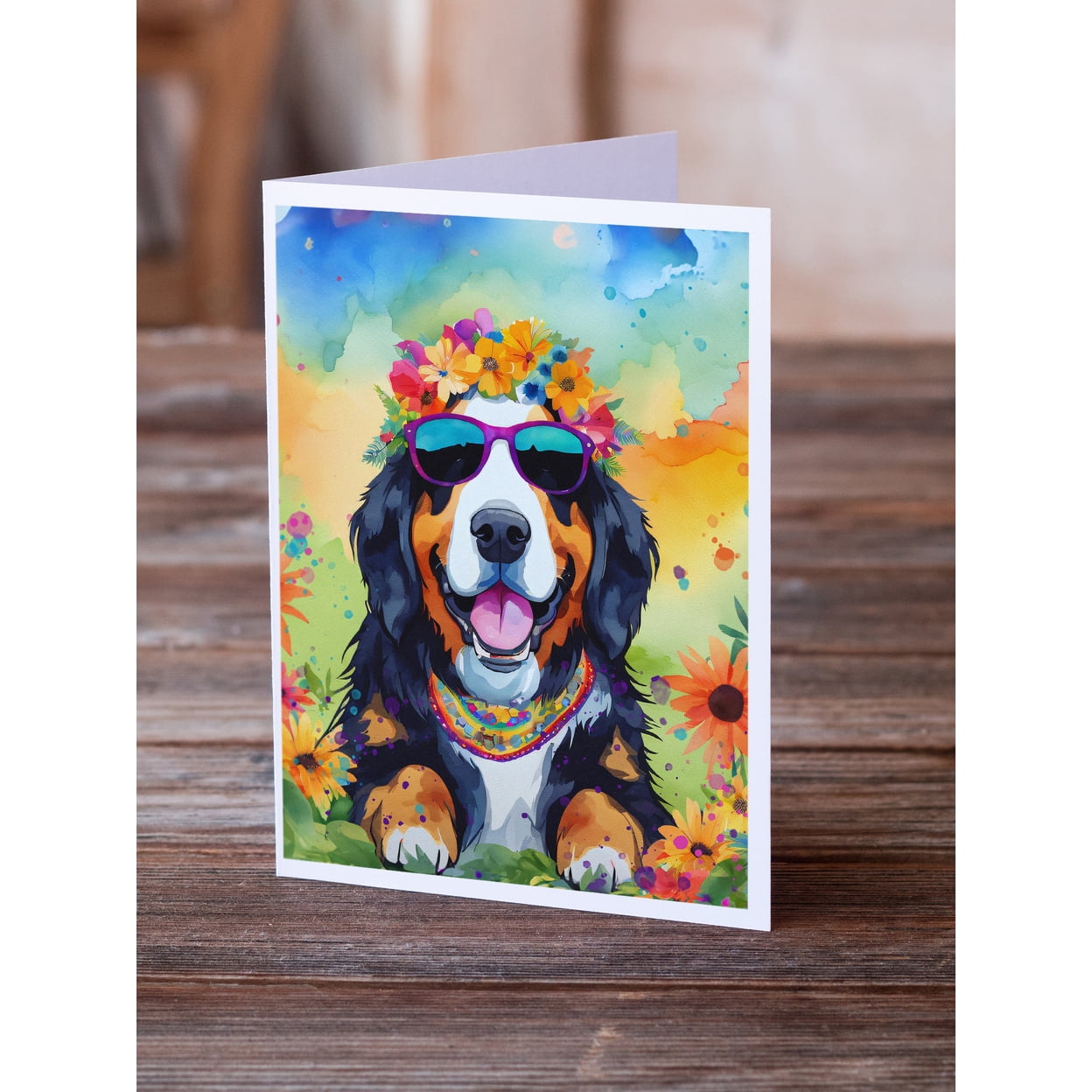 Bernese Mountain Dog Hippie Dawg Greeting Cards Pack of 8 7 in x 5 in
