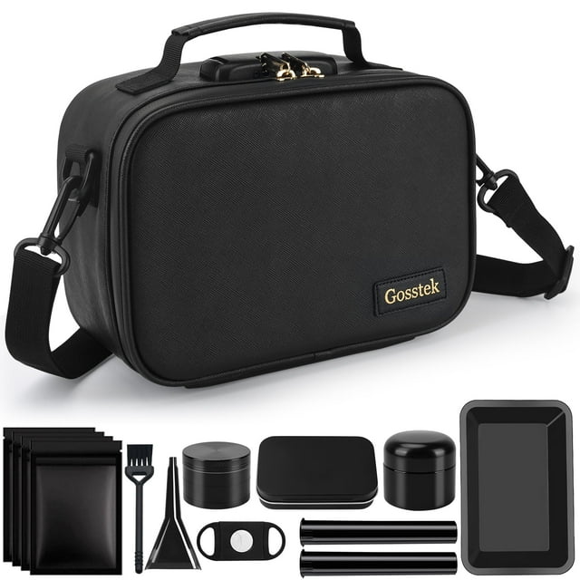 Bolsas de Cuero PU a Prueba de Olores con 10 Accesorios, Estuche Portátil a Prueba de Olores con Cerradura y Gran Regalo para Mujer, Contenedores de Caja a Prueba de Olores de 9 X 6 X 4 Pulgadas (Negro)