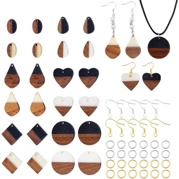 24Pcs Resin Wooden Earring Pendants 6 Styles Wood Charms with 40Pcs Earring Hooks and 60Pcs Jump Rings Teardrop Oval Heart Round Rhombus Dangle Earrings Making Kit for Women Jewelry Making Colorful
