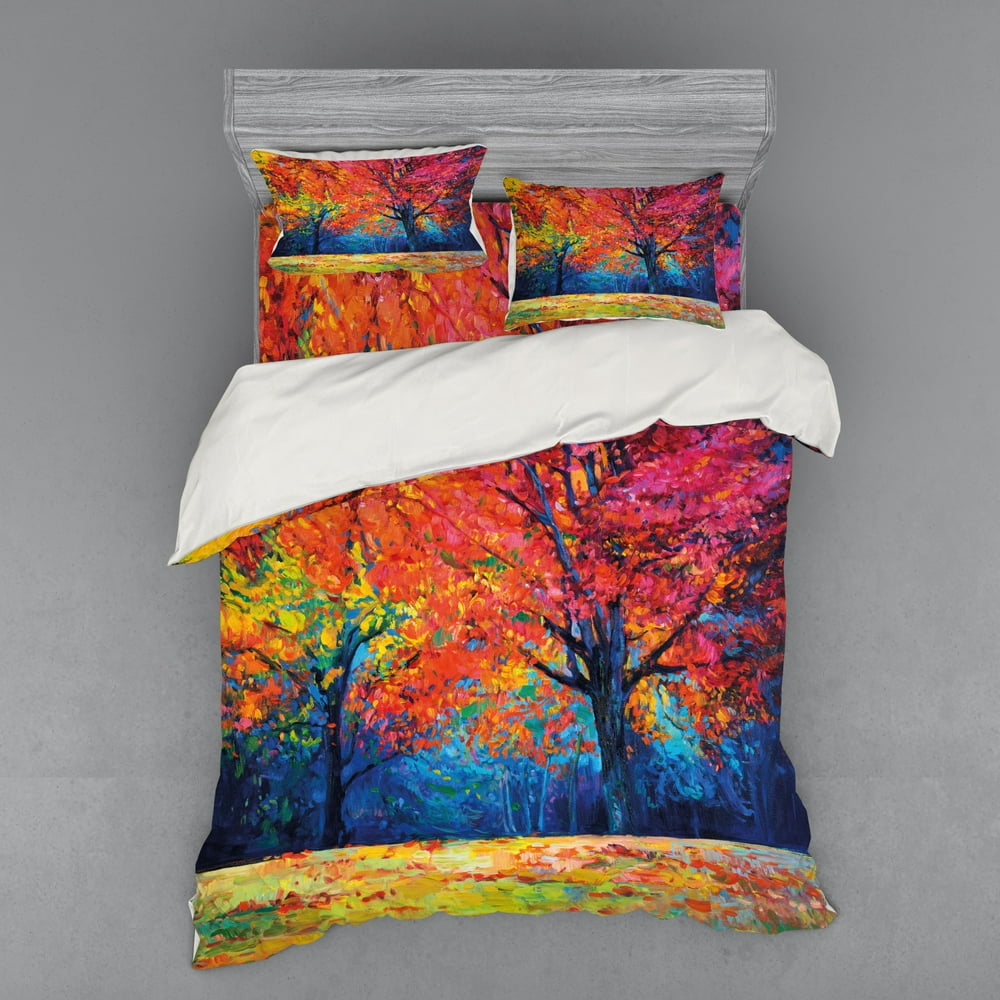 Nature Duvet Cover Set, Colorful Trees and Falling Autumn Leaves ...