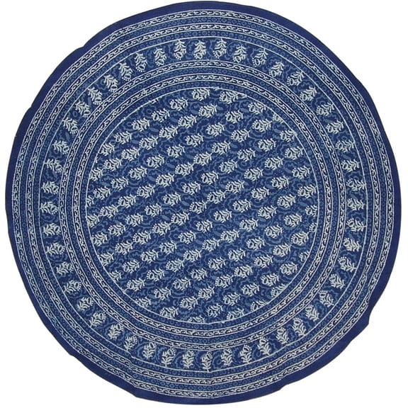 Block Print Round Cotton Tablecloth 72" Indigo Blue
