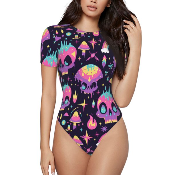 Fotbe cartoon Skull rainbow space Body de Mujer con Cuello Redondo y Mangas Cortas, Sin Mangas Ajustado, Suave, Cómodo y Básico-X-Large
