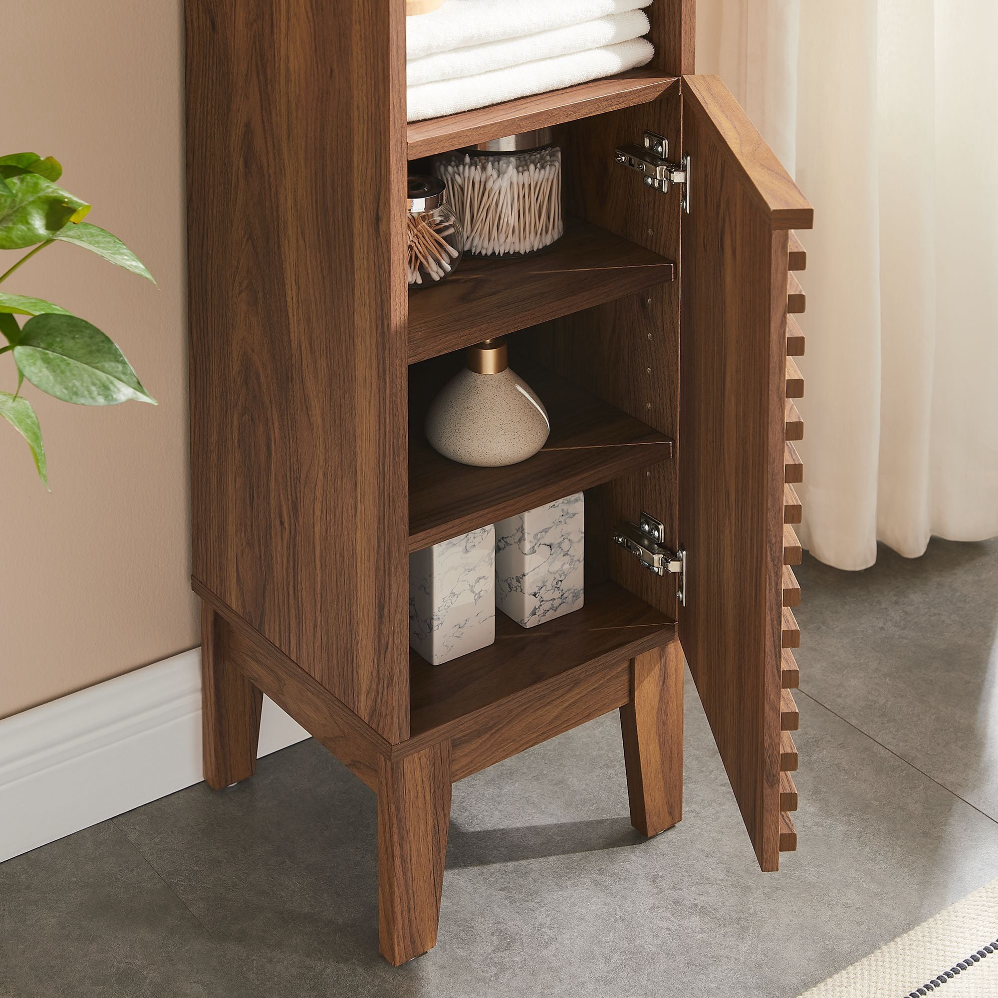 Render Tall Narrow Bathroom Storage Cabinet in Walnut