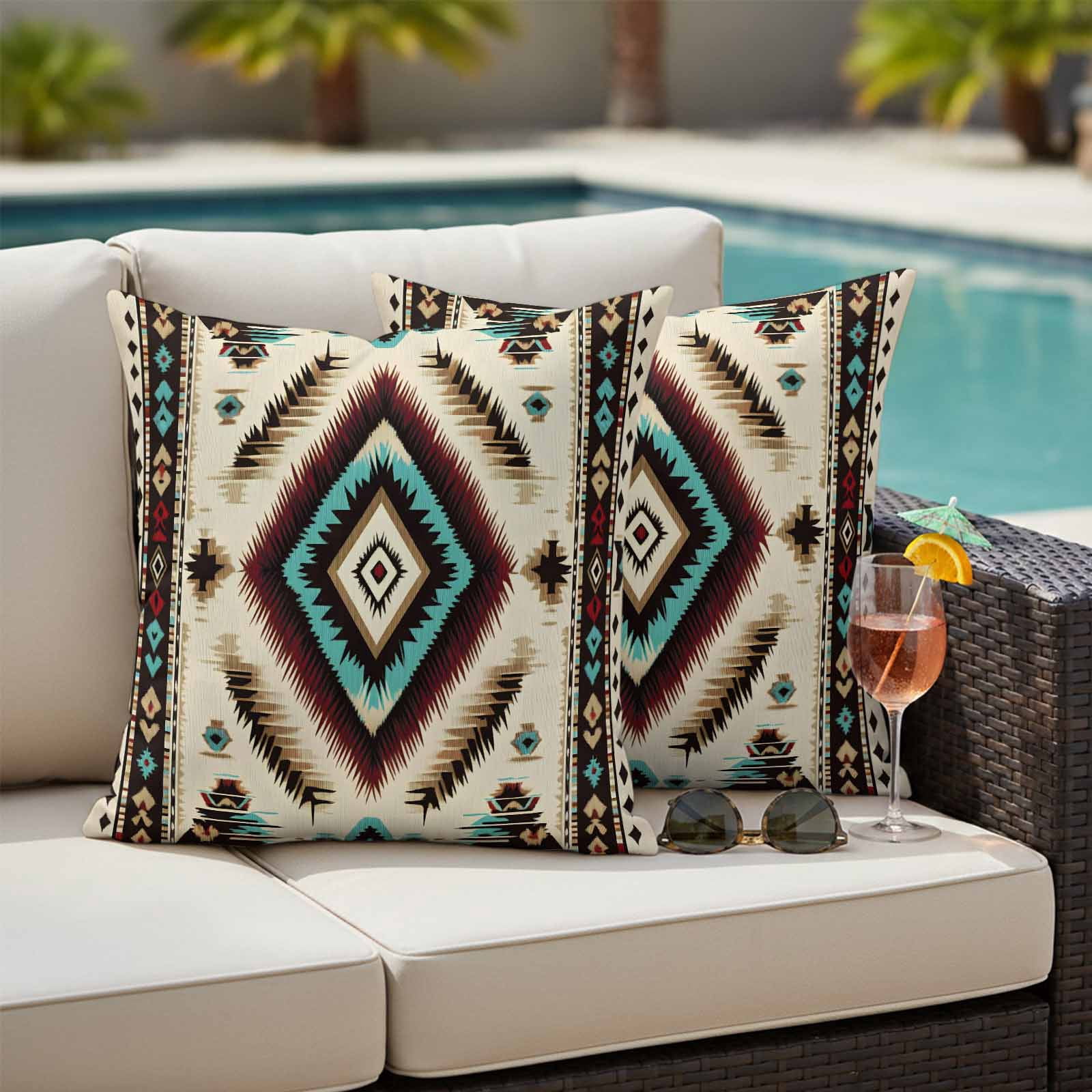 Boho Red Teal Brown Outdoor Pillow Covers, Waterproof Decorative Throw Pillowcases Set of 2, Southwestern Abstract Geometric Couch Cushion Cases with Zipper for Outside Patio Garden Sofa 18"x18"