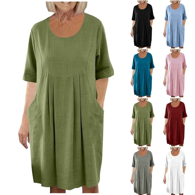 Sentmoon Linen Maxi Dress with Pockets Crew Neck Solid Color Cocktail Dresses for Women Short Sleeve Regular Fit Beach Beach Essentials for Family Spring Dresses for Women 2026