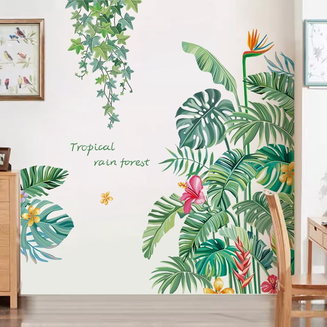 Adhesivos de pared de PVC con plantas verdes de selva tropical, 60 x 90 cm