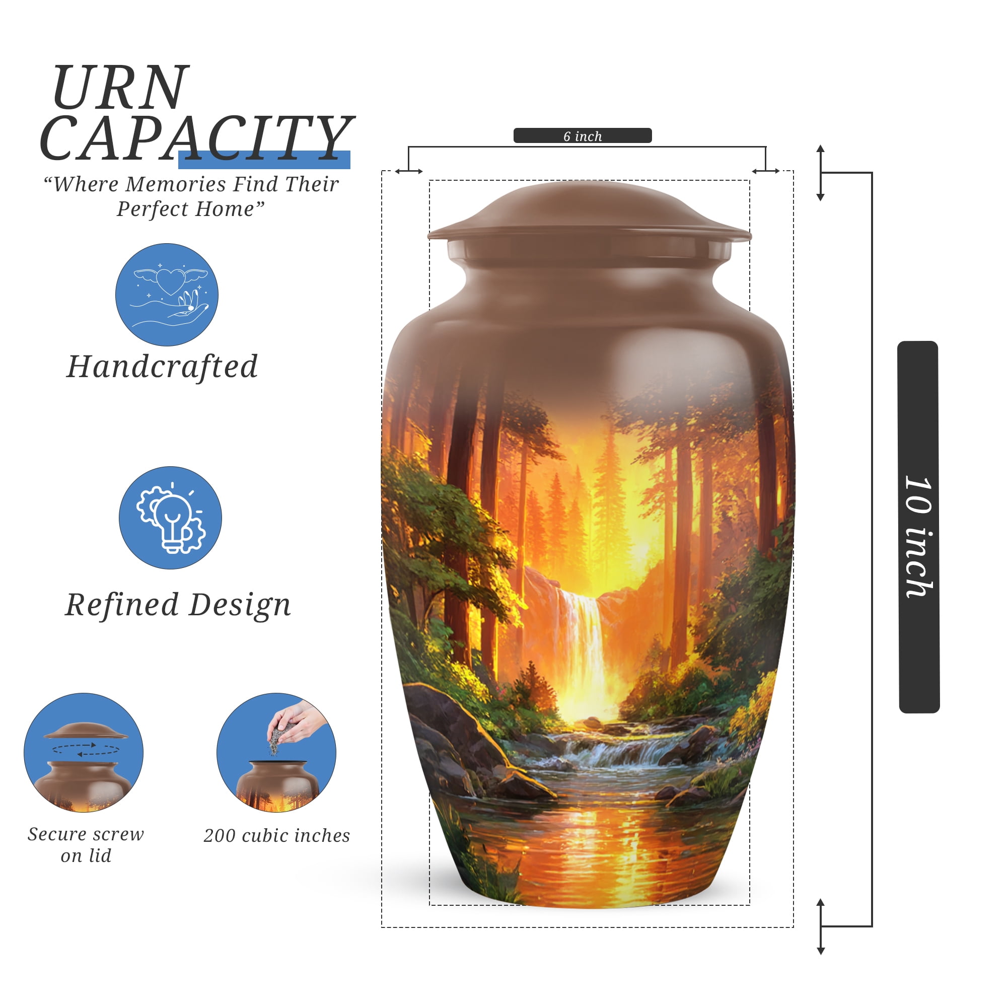Waterfall Funeral Urn For Adult Mother, Cremation Urn For Human Ashes Large Adult, Burial Urns For Ashes Male, Brown Urns For Male And Female, 10 Inch