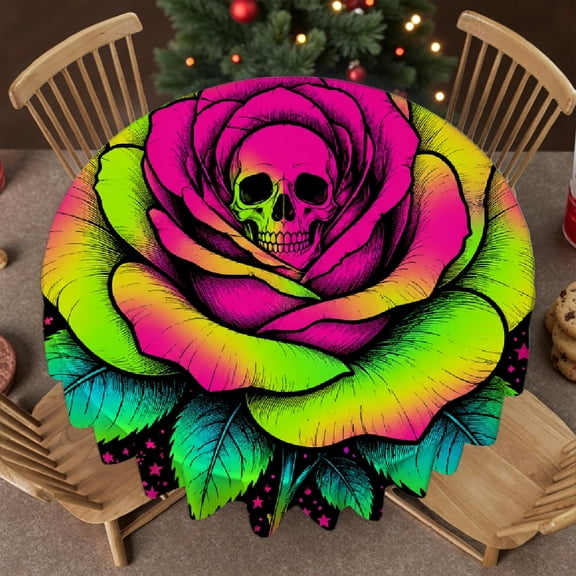 RKSupls Stain Resistant & Washable Decor - Holographic Skull Roses Rainbow Black Print, Machine-Made Holiday-Themed Design Round Tablecloth, Wedding, Party, Home Dining