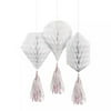 Mini White Honeycomb Decorations with Iridescent Tails 3ct