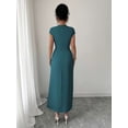 thumbnail image 2 of Teal Blue Womens V-Neck Ruched Waist Pleated Maxi Dress With Drop Shoulder Sleeve, 2 of 6