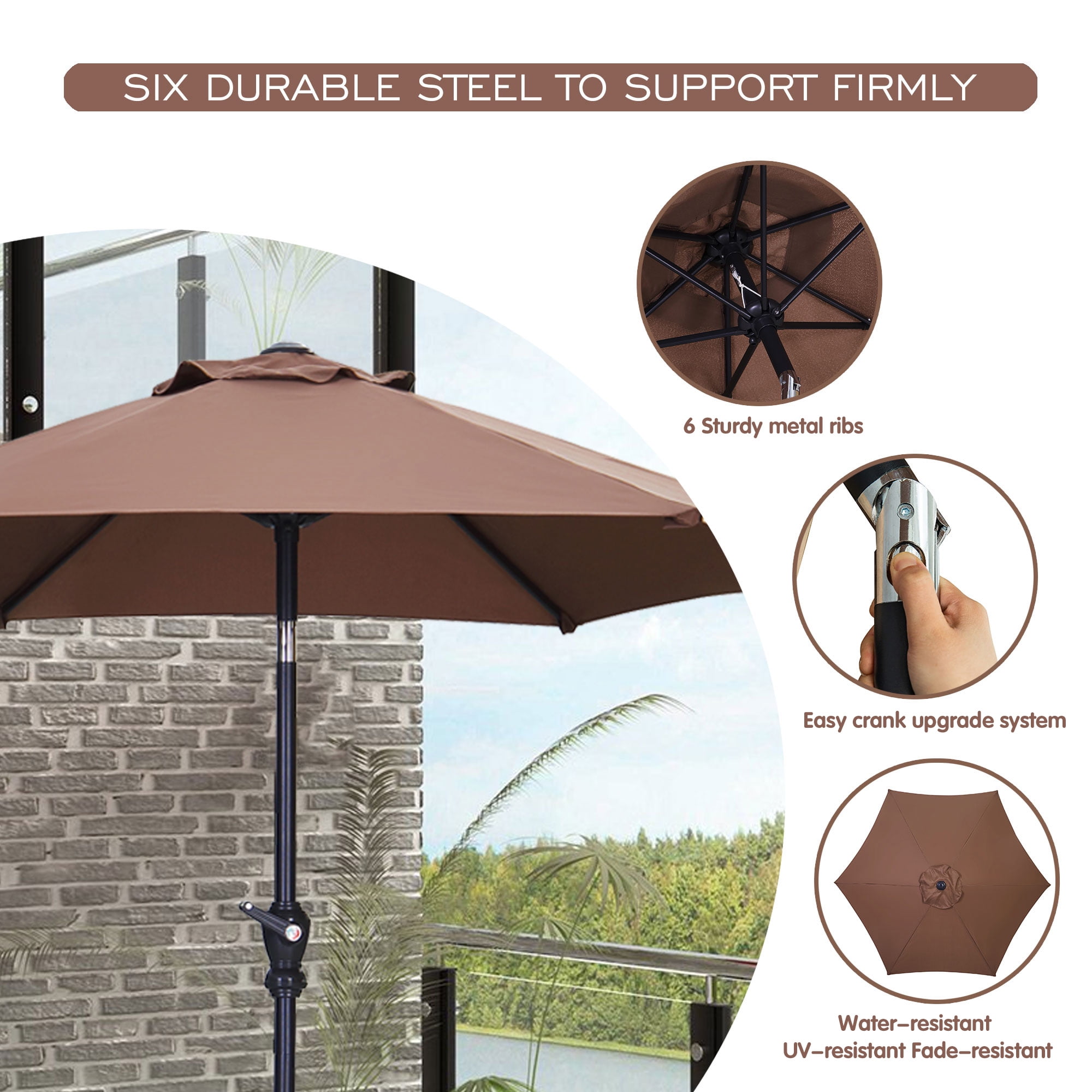 Autlaycil 7.5ft Outdoor Patio Umbrella with Tilt and Matching Base, Crank and Sturdy Ribs for Lawn, Garden, Backyard and Pool, Coffee