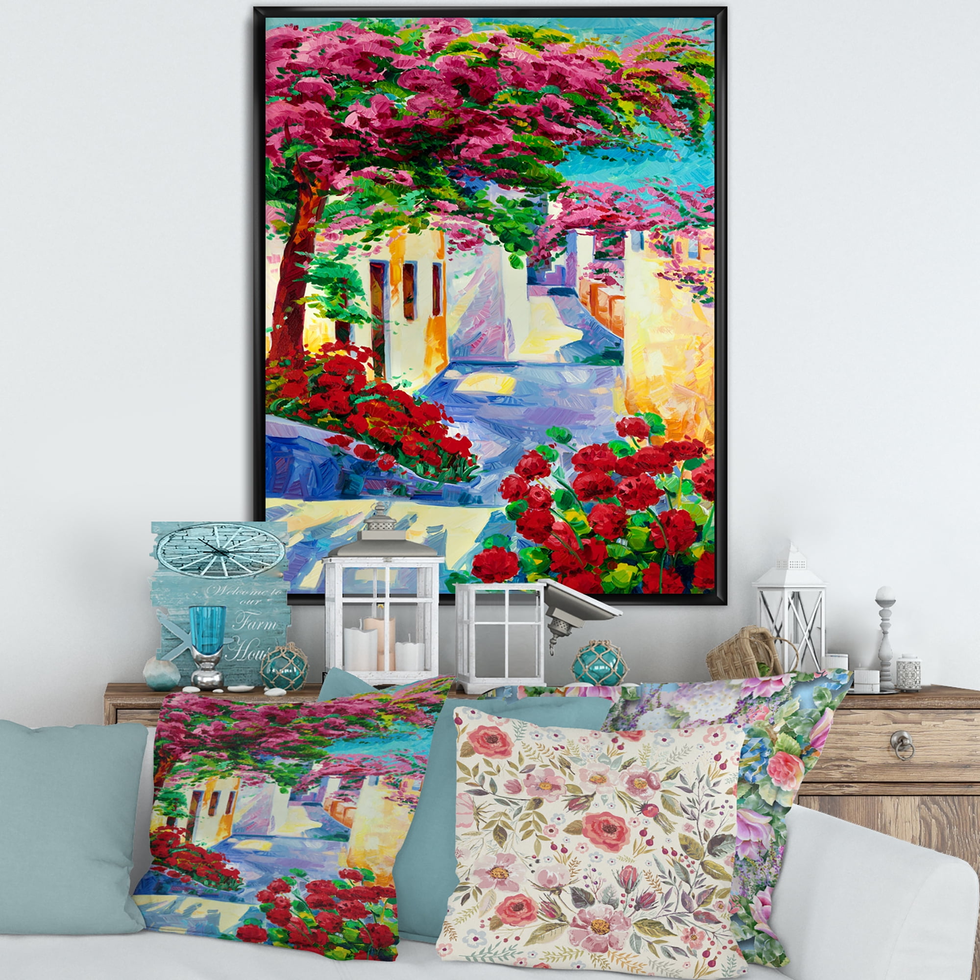 Designart 'Colorful Traditional Santorini Houses Among Flowers' Nautical & Coastal Framed Canvas Wall Art Print