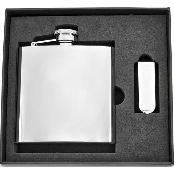 Fashion 6 Oz. Stainless Steel Flask And Money Clip Gift Set (9 X 9) Made In China gm2714