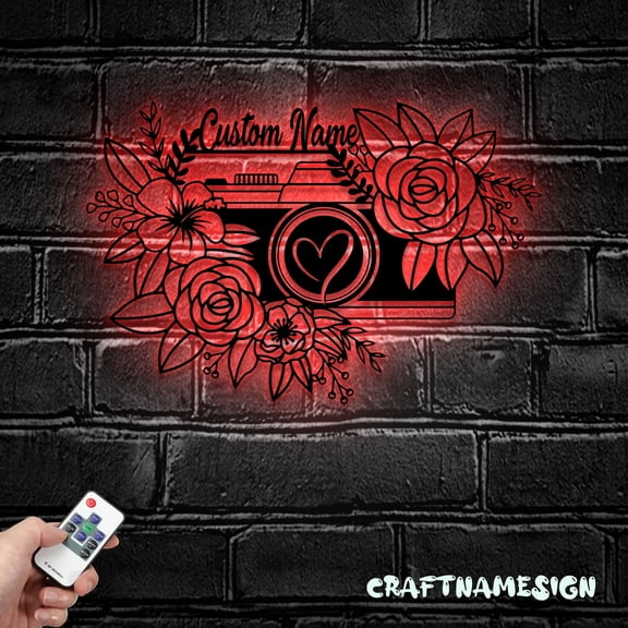 Craftnamesign Custom Floral Camera Photo Taking Metal Wall Art, Custom Photographer Name Sign