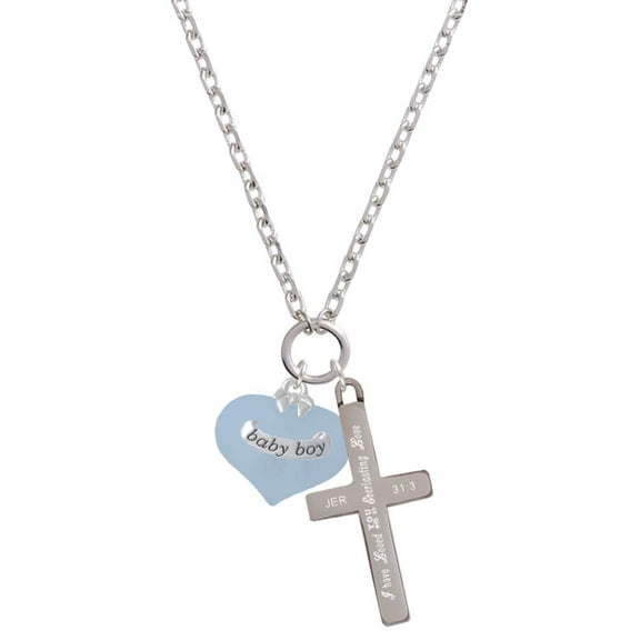 Delight Jewelry Baby Boy Blue Heart with Baby Feet Everlasting Love Engraved Cross Zoey Necklace, 28"