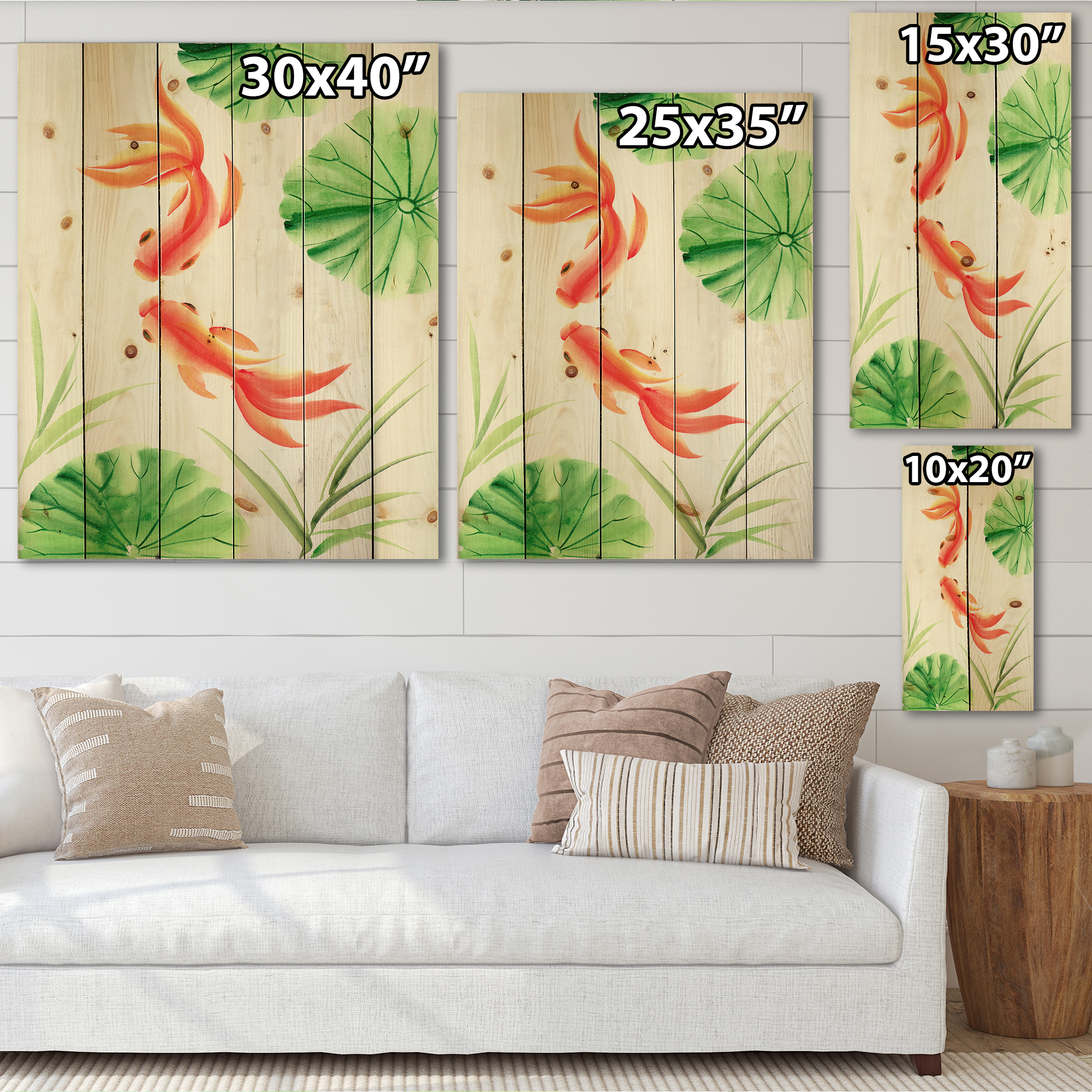 Designart 'The Lotus Leaves With Goldfishes' Nautical & Coastal Print on Natural Pine Wood