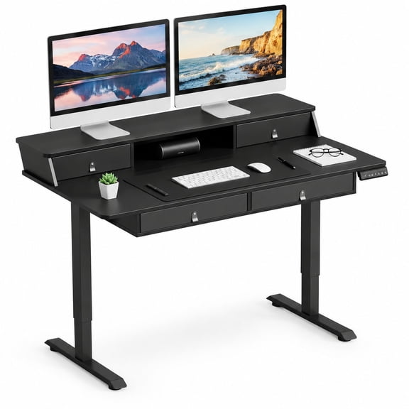 Electric Height Adjustable 55 Inch Standing Desk with 4 Storage Drawers, Monitor Stand, 3 Memory Heights, Hook, Anti-Collision, Ergonomic Sit Stand Computer Desk