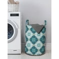 thumbnail image 3 of Moroccan Laundry Bag, Traditional Folkloric Flower Ornaments in Squares Detailed Art, Hamper Basket with Handles Drawstring Closure for Laundromats, 13" x 19", Dark Teal Mustard, by Ambesonne, 3 of 4