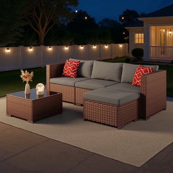 Noelse Patio Furniture Set, 5 Piece Wicker Outdoor Sectional Conversation Set with Coffee Table for Poolside, Backyard, Gray