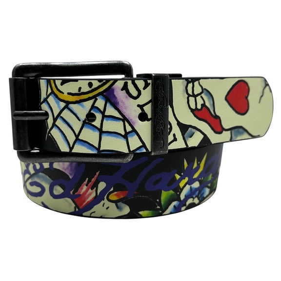 Ed Hardy Men's Skull and Butterfly Print Reversible Belt (34, Black)
